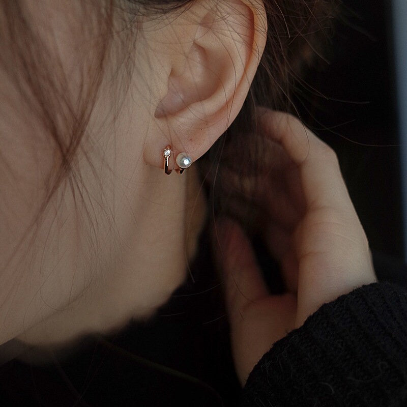 14k Rose Vermeil Pearl Stud Earrings, Pearl & Tiny CZ Curve Geometry Earrings, Half Circle Pearl Earring, Minimalist, Gift for her, GE265