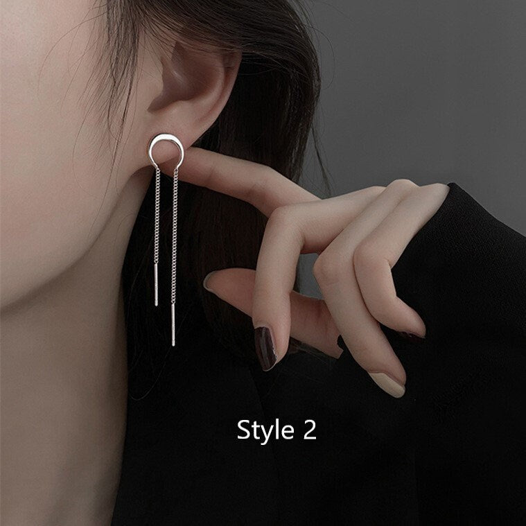Sterling Silver Moon Threader Earrings, Silver Moon Tassel Earrings, Dangle & Drop Earrings, Minimalist Long Earrings, Gift for her, GE266