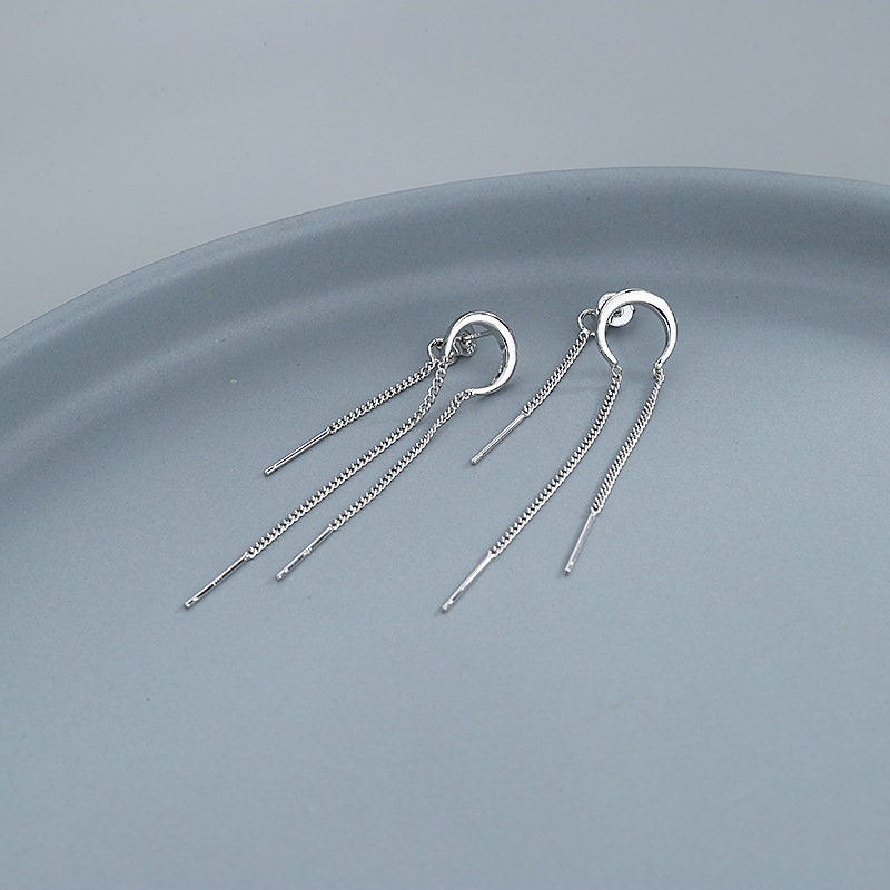 Sterling Silver Moon Threader Earrings, Silver Moon Tassel Earrings, Dangle & Drop Earrings, Minimalist Long Earrings, Gift for her, GE266