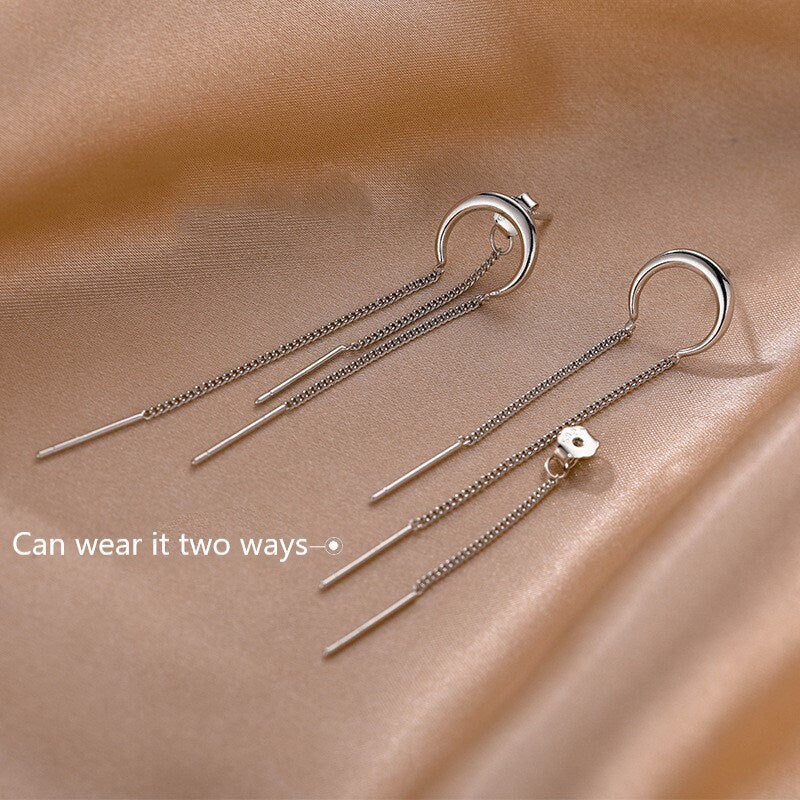 Sterling Silver Moon Threader Earrings, Silver Moon Tassel Earrings, Dangle & Drop Earrings, Minimalist Long Earrings, Gift for her, GE266
