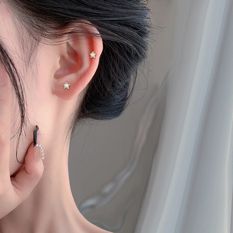 Dainty CZ Star Stud Earrings, Sterling Silver Star Earrings, Gold Star Studs, Helix Earrings, Minimalist Star studs, Gift for her, GE281