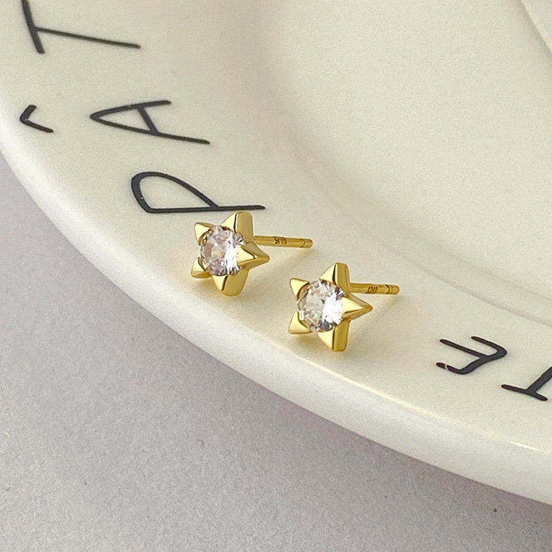 Dainty CZ Star Stud Earrings, Sterling Silver Star Earrings, Gold Star Studs, Helix Earrings, Minimalist Star studs, Gift for her, GE281