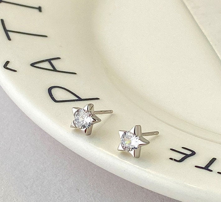 Dainty CZ Star Stud Earrings, Sterling Silver Star Earrings, Gold Star Studs, Helix Earrings, Minimalist Star studs, Gift for her, GE281