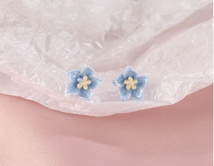 Sterling Silver Blue Flower Earrings, Blue Camellia earrings, Silver Camellia Studs, Minimalist Flower Studs, Perfect Gift for her, GE283