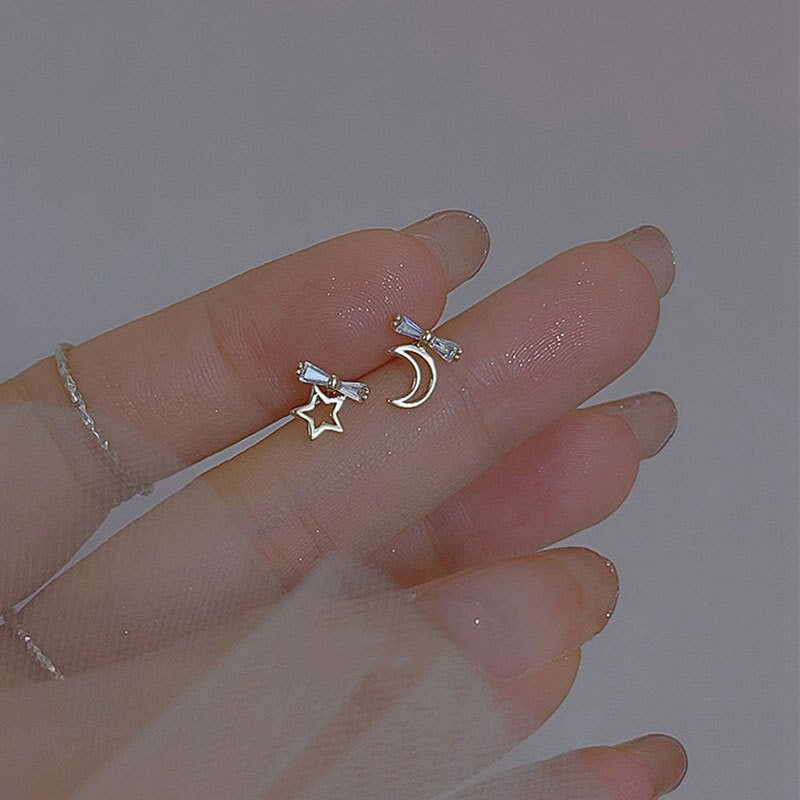 925 Silver CZ Bow Moon & Star Earrings, Mismatched Star Moon Earrings, Dainty CZ Bow Star Moon Studs Asymmetrical Earring Gift for her GE284