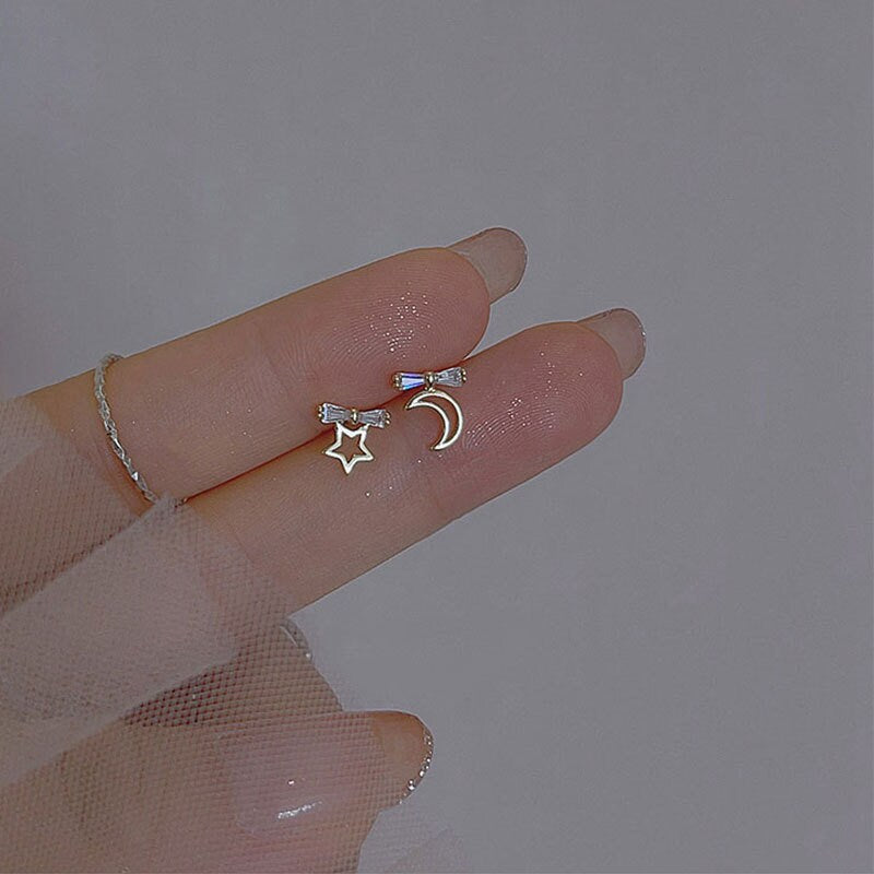 925 Silver CZ Bow Moon & Star Earrings, Mismatched Star Moon Earrings, Dainty CZ Bow Star Moon Studs Asymmetrical Earring Gift for her GE284