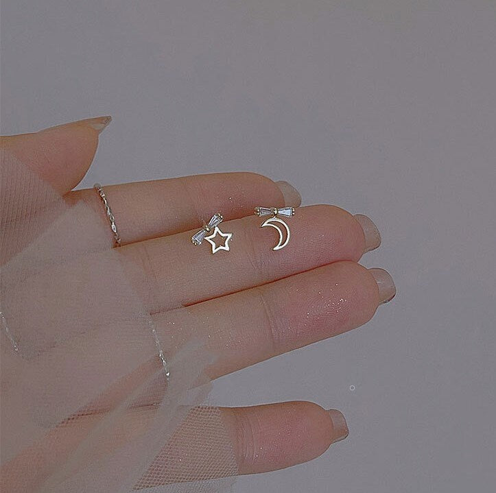 925 Silver CZ Bow Moon & Star Earrings, Mismatched Star Moon Earrings, Dainty CZ Bow Star Moon Studs Asymmetrical Earring Gift for her GE284