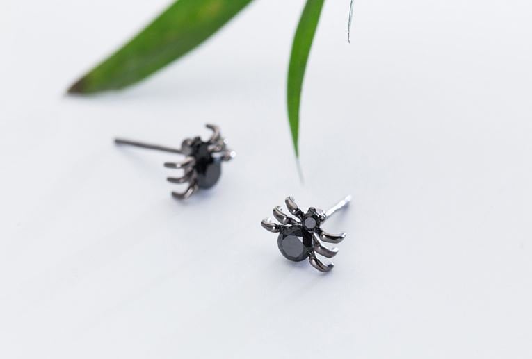 Black Spider Stud Earrings, Spider Insect Earrings, Black Gold Plated 925 Silver Spider Earring, Unique Earrings, Gift for Him/Her, GE270
