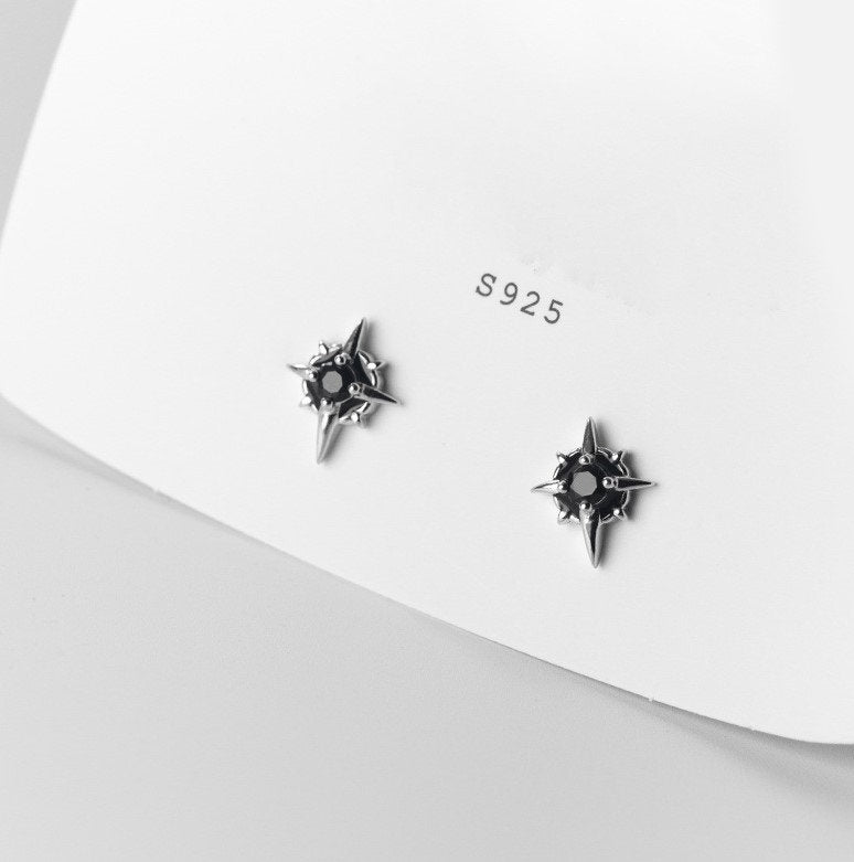 Black CZ Star Stud Earrings, 925 Silver CZ Astral Earrings, Black North Star Earrings, Minimalist Star Earrings, Gift for her/Him, GE272