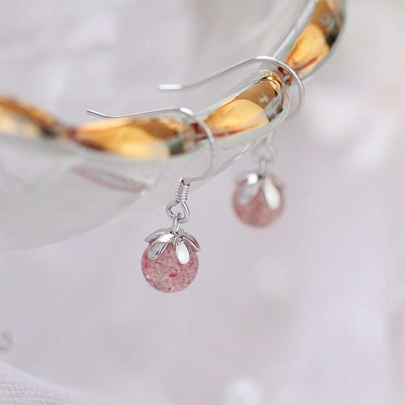 925 Silver Strawberry Quartz Drop & Dangle Hook Earrings, Dainty Pink Quartz Drop Hook Earrings, Minimalist Earring, Gift for Her, GE86