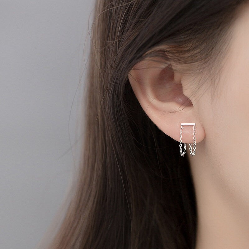 925 Silver Threader Earrings, Silver Tassel Earrings, Double Chain Threader Earrings, Chain Earring, Minimalist Earrings, Gift for her GE286