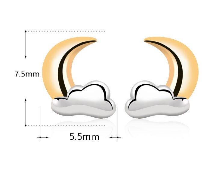 925 Silver Cloud Moon Stud Earrings, Moon Cloud Earrings, Two-tone Crescent Moon & Cloud Earrings, Helix Earrings, Gift for her, GE289