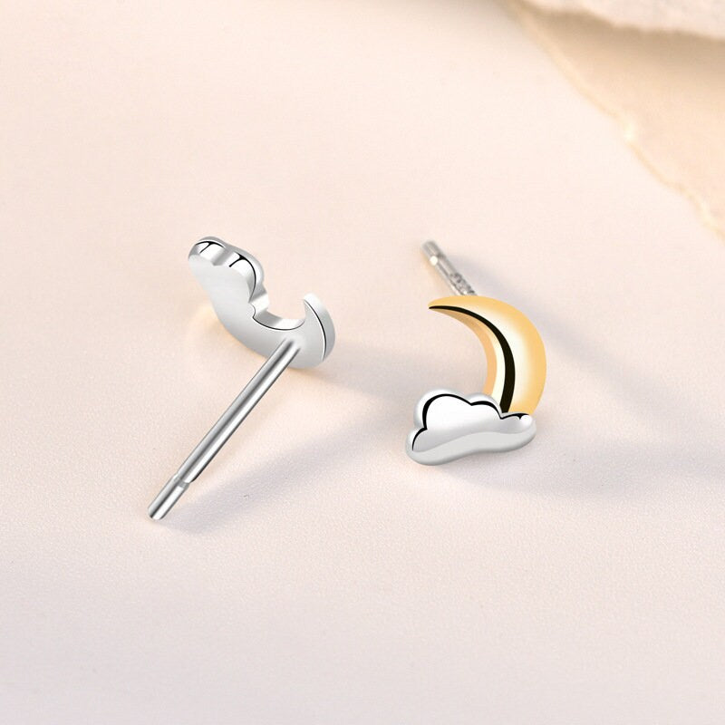 925 Silver Cloud Moon Stud Earrings, Moon Cloud Earrings, Two-tone Crescent Moon & Cloud Earrings, Helix Earrings, Gift for her, GE289