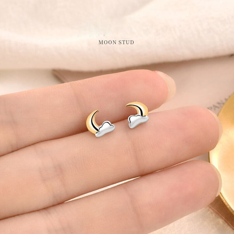 925 Silver Cloud Moon Stud Earrings, Moon Cloud Earrings, Two-tone Crescent Moon & Cloud Earrings, Helix Earrings, Gift for her, GE289