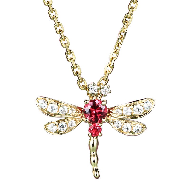 14k Gold Vermeil Dragonfly Necklace, Pomegranate CZ Dragonfly Necklace, Ruby CZ Pomegranate Pendant, Animal Necklace, Gift for her, GN85