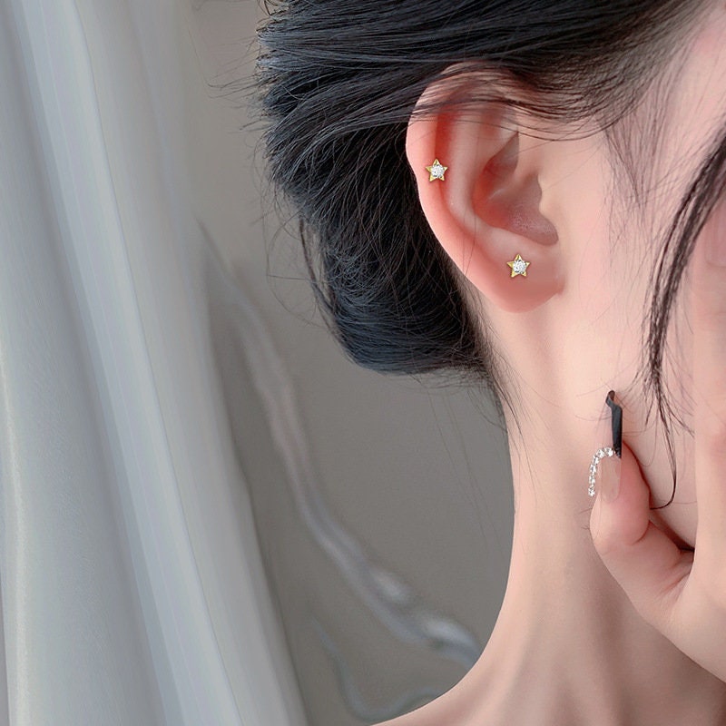 Dainty CZ Star Stud Earrings, Sterling Silver Star Earrings, Gold Star Studs, Helix Earrings, Minimalist Star studs, Gift for her, GE281