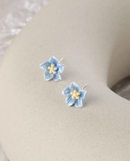 Sterling Silver Blue Flower Earrings, Blue Camellia earrings, Silver Camellia Studs, Minimalist Flower Studs, Perfect Gift for her, GE283