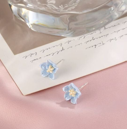 Sterling Silver Blue Flower Earrings, Blue Camellia earrings, Silver Camellia Studs, Minimalist Flower Studs, Perfect Gift for her, GE283
