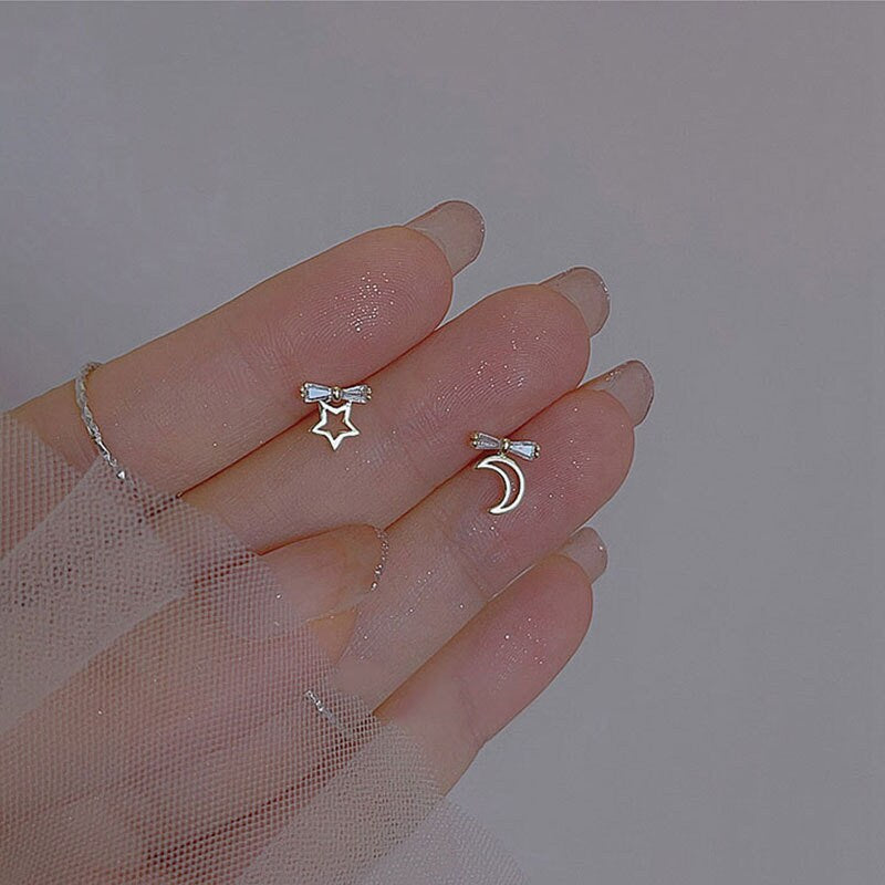 925 Silver CZ Bow Moon & Star Earrings, Mismatched Star Moon Earrings, Dainty CZ Bow Star Moon Studs Asymmetrical Earring Gift for her GE284