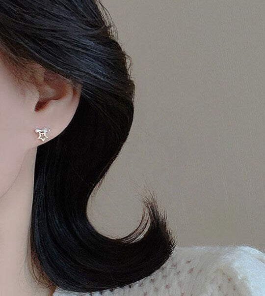 925 Silver CZ Bow Moon & Star Earrings, Mismatched Star Moon Earrings, Dainty CZ Bow Star Moon Studs Asymmetrical Earring Gift for her GE284