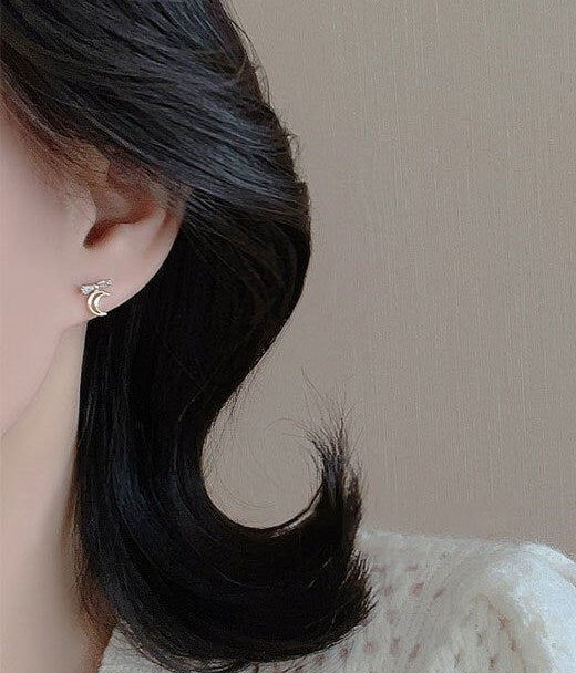 925 Silver CZ Bow Moon & Star Earrings, Mismatched Star Moon Earrings, Dainty CZ Bow Star Moon Studs Asymmetrical Earring Gift for her GE284