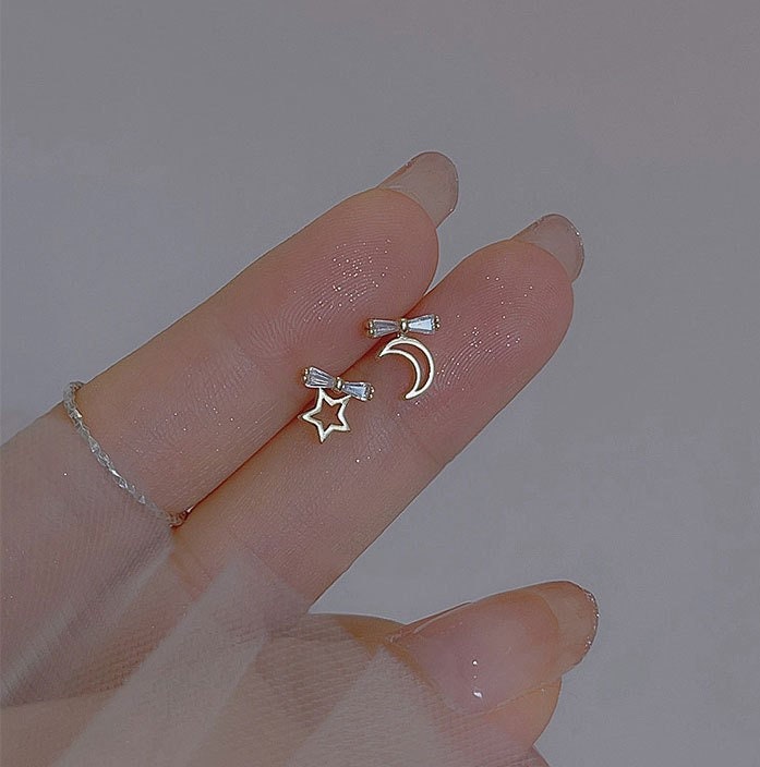 925 Silver CZ Bow Moon & Star Earrings, Mismatched Star Moon Earrings, Dainty CZ Bow Star Moon Studs Asymmetrical Earring Gift for her GE284