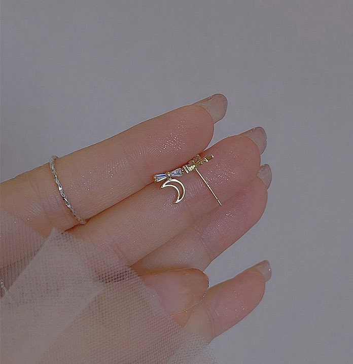 925 Silver CZ Bow Moon & Star Earrings, Mismatched Star Moon Earrings, Dainty CZ Bow Star Moon Studs Asymmetrical Earring Gift for her GE284