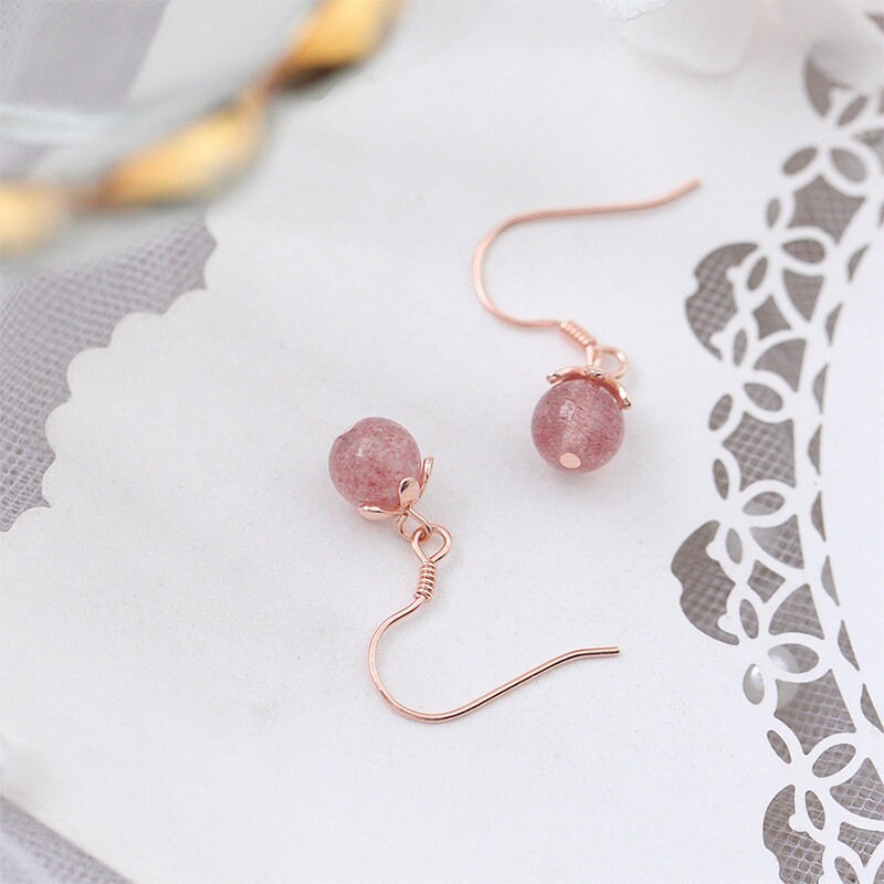 925 Silver Strawberry Quartz Drop & Dangle Hook Earrings, Dainty Pink Quartz Drop Hook Earrings, Minimalist Earring, Gift for Her, GE86