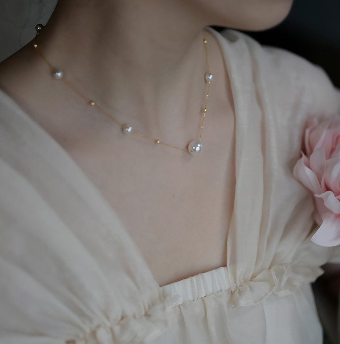 14k Gold Vermeil Pearl Necklace, Dainty Pearl Necklace, Gold Pearl Choker, Wedding Necklace, Bridal/Bridesmaid Gifts, Gift for her, GN93
