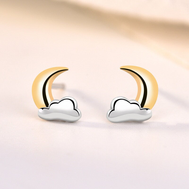925 Silver Cloud Moon Stud Earrings, Moon Cloud Earrings, Two-tone Crescent Moon & Cloud Earrings, Helix Earrings, Gift for her, GE289