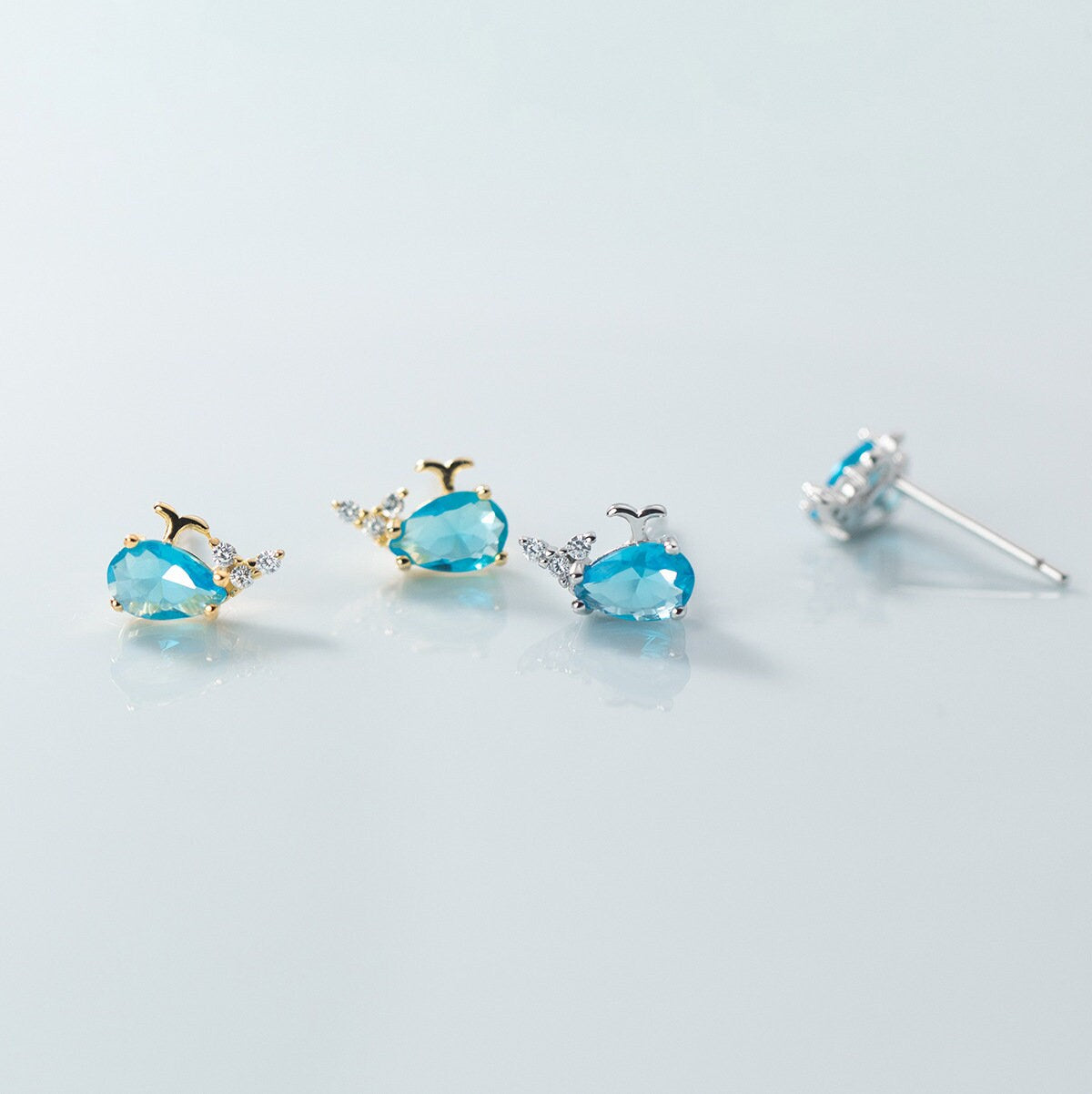 925 Silver Blue Whale Stud Earrings, Blue CZ Whale Earrings, Tiny Whale Studs, helix Earrings, Gift for her, GE298