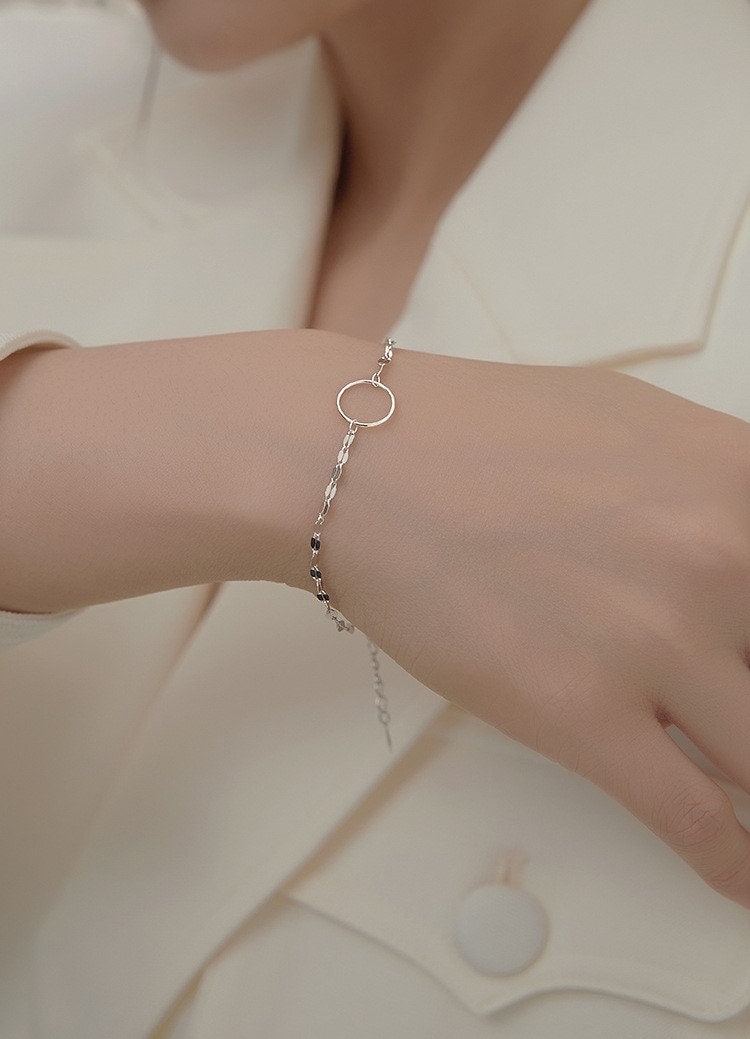 925 Silver Circle Bracelet, Circle Sparkly Chain Bracelet, Mirror Chain Bracelet, Geometry Bracelet, Minimalist Bracelet, Gift for Her, GB13