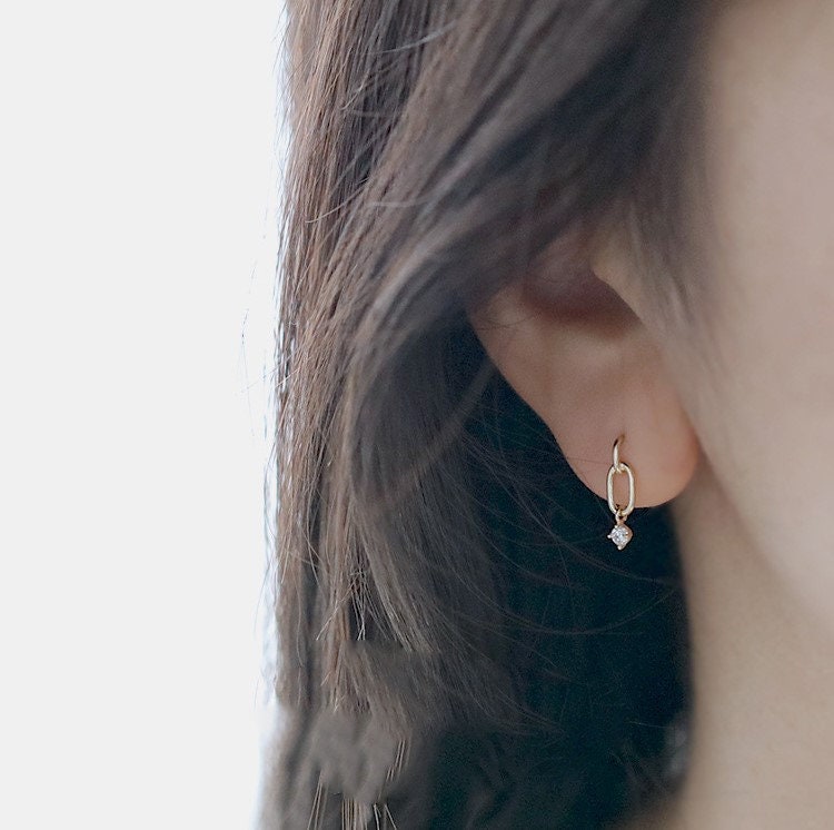 Gold CZ Rectangle Earrings, Small Rectangle CZ Drop Earring, CZ Drop Earrings, Minimalist Geometry Earrings, Gift for her, GE302