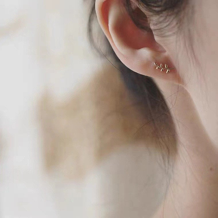 9k Solid Gold Leaf Earrings, 9k Gold Branch Earrings, Solid Gold Minimalist Leaves Earring, Timeless dainty solid gold earring, Gift for her