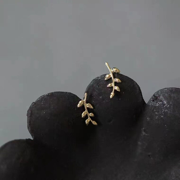 9k Solid Gold Leaf Earrings, 9k Gold Branch Earrings, Solid Gold Minimalist Leaves Earring, Timeless dainty solid gold earring, Gift for her