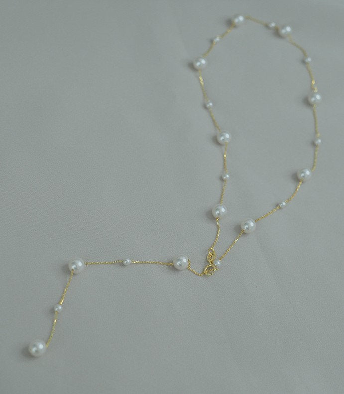 Gold Vermeil Starry Sky Pearl Necklace, V-shape Pearl Necklace, Gold Pearl Choker, Wedding Necklace, Bridesmaid Gift, Gift for her, GN96