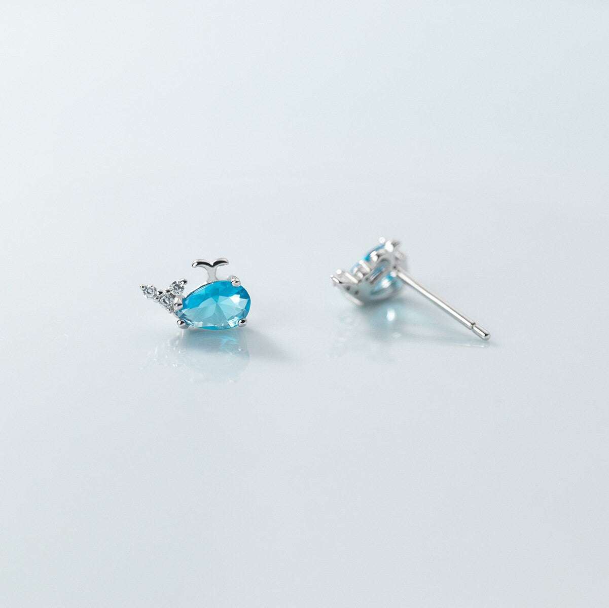 925 Silver Blue Whale Stud Earrings, Blue CZ Whale Earrings, Tiny Whale Studs, helix Earrings, Gift for her, GE298