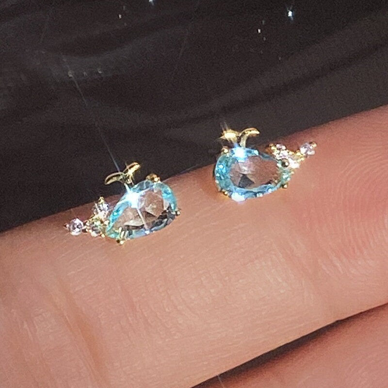 925 Silver Blue Whale Stud Earrings, Blue CZ Whale Earrings, Tiny Whale Studs, helix Earrings, Gift for her, GE298