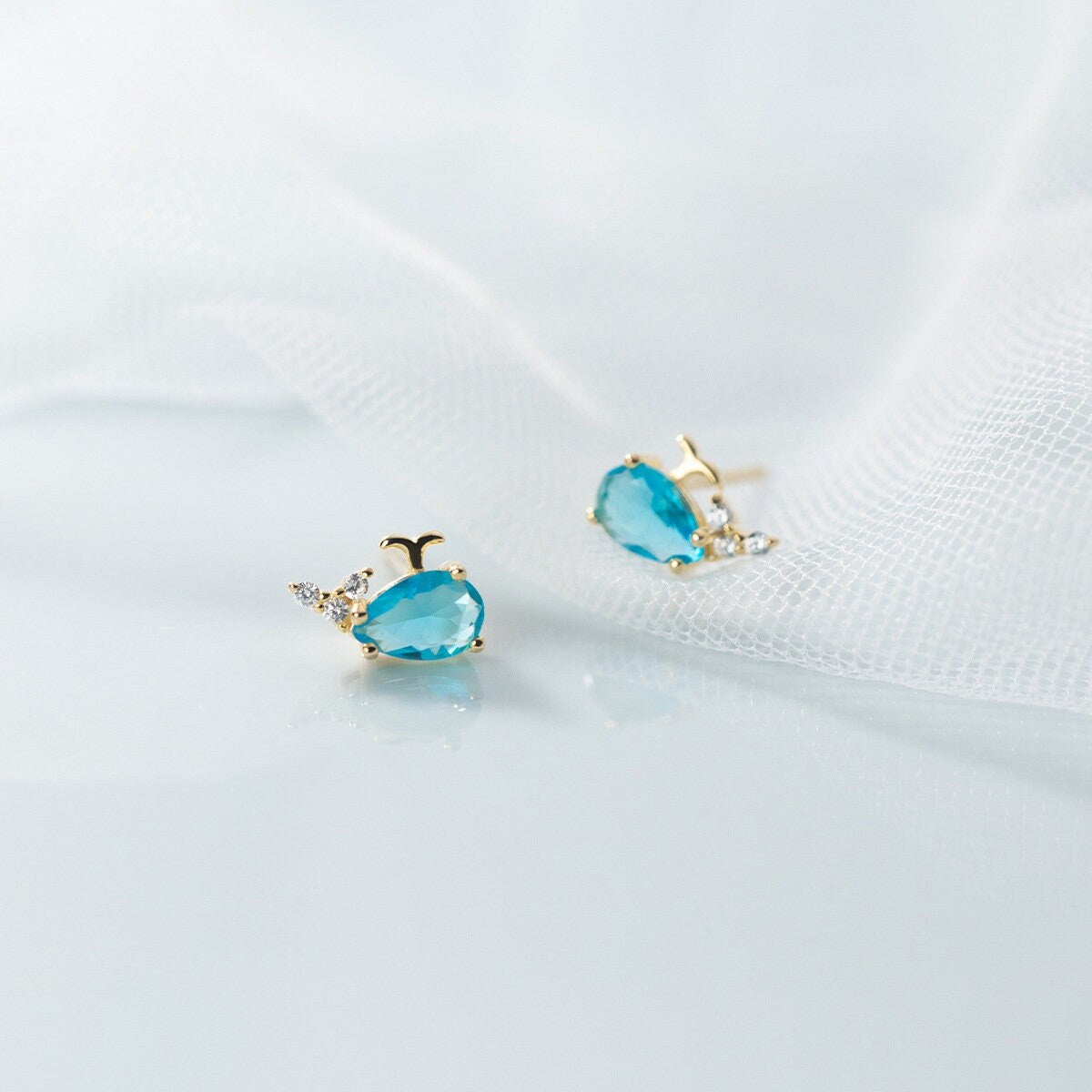 925 Silver Blue Whale Stud Earrings, Blue CZ Whale Earrings, Tiny Whale Studs, helix Earrings, Gift for her, GE298