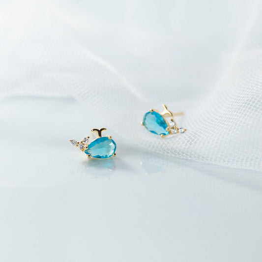 925 Silver Blue Whale Stud Earrings, Blue CZ Whale Earrings, Tiny Whale Studs, helix Earrings, Gift for her, GE298