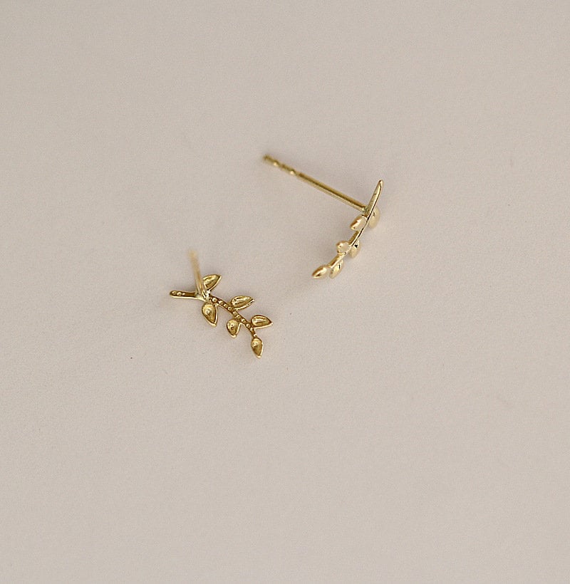 9k Solid Gold Leaf Earrings, 9k Gold Branch Earrings, Solid Gold Minimalist Leaves Earring, Timeless dainty solid gold earring, Gift for her