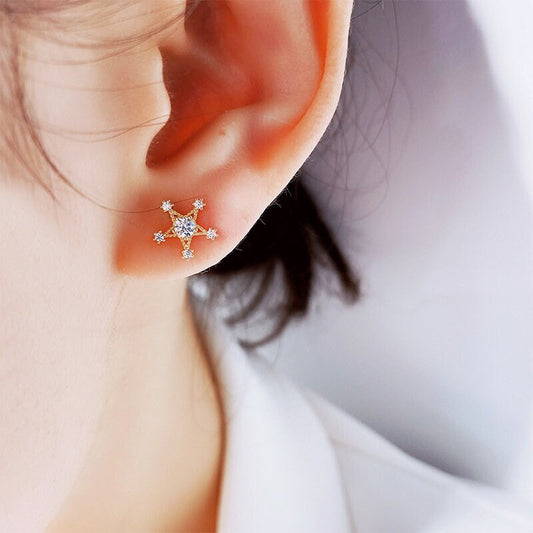 Gold CZ Star Earrings, Sparkly CZ Pentagram Earrings, Dainty Geometry Earrings, Minimalist Star Studs, Gift for her ,GE133